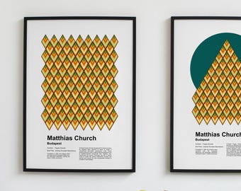Tuiles du toit de l'église Matthias de Budapest - Mátyás-templom - 2 affiches minimalistes à télécharger