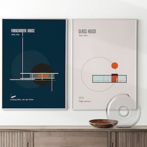 Minimalistic Poster of Farnsworth House by Mies van der Rohe and Glass House by Philip Johnson - 4 Posters Set (Digital Download)