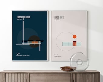 Poster minimaliste de Farnsworth House par Mies van der Rohe et Glass House par Philip Johnson - Lot de 4 affiches (téléchargement numérique)