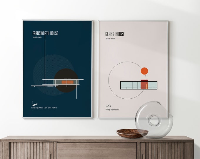 Featured listing image: Minimalistic Poster of Farnsworth House by Mies van der Rohe and Glass House by Philip Johnson - 4 Posters Set (Digital Download)