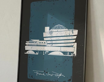 Affiche imprimable d'architecture moderne du musée Frank Lloyd Wright Guggenheim, du milieu du siècle, en noir, beige et bleu (téléchargement numérique)