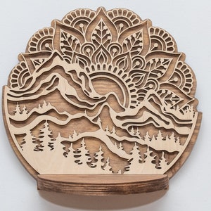 MANDALA, BERG, Sunburst, Regal, Wandkunst Dekor, Holz Pflanzenständer, hängender Überhänger, Sukkulenten, Kräuterpflanzer, Halter, Floating Shelf