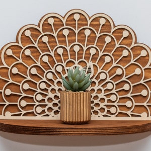 PFAUEnregal, Wandkunst Dekor, Holz Pflanzenständer, Hängender Überhänger, Sukkulenten, Kräuter pflanzer, Halter, Floating Regal, Vogel Dekor, Art Deco
