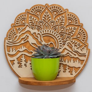 MANDALA, BERG, Sunburst, Regal, Wandkunst Dekor, Holz Pflanzenständer, hängender Überhänger, Sukkulenten, Kräuterpflanzer, Halter, Floating Shelf