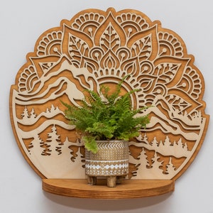 MANDALA, BERG, Sunburst, Regal, Wandkunst Dekor, Holz Pflanzenständer, hängender Überhänger, Sukkulenten, Kräuterpflanzer, Halter, Floating Shelf