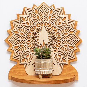 Wandregal, MANDALA, YOGA, MEDITATION, Blumentopf, Wandkunstdekor Regal, Pflanzenständer aus Holz, Spalier-Übertopf, schwimmendes Regal