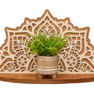 Wand, Blumenständer aus Holz, Hängeregal, MANDALA Überhängeregal, Wand Kunst Dekor Regal, Sukkulenten, Trellis Überlage, Floating Regal, orientalischer Stil
