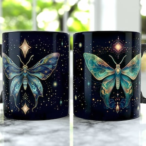 Luna Moth Mug, Celestial Moth Coffee Mug, Cottage Core Mug, Moth Mug, Moth Mug, Witchy Mug, Gothic Moth Mug, Gift Mugs, Moth, Black Mug