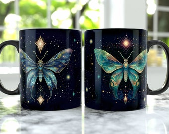 Caneca Luna Moth, Caneca de Café Celestial Moth, Caneca Cottage Core, Caneca Mariposa, Caneca Mariposa, Caneca Bruxa, Caneca Mariposa Gótica, Canecas para Presente, Mariposa, Caneca Preta