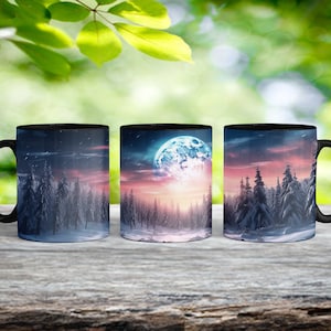 Sneeuwmaan mok, februari, sneeuwmaan koffiemok, Cottage Core mok, volle maan mok, Witchy mok, gotische maan mok, geschenkmokken, sneeuwmaan, zwarte mok