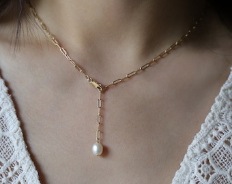Gold Filled Y-Necklace | Freshwater Pearl Drop, Delicate Chain