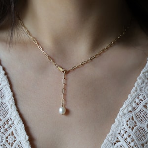 Y-Kette|Gold Gliederkette mit Süßwasser perle|14K Goldfilled|Gold Perle Halskette|Lange Tropfen Halskette|Minimalistisch Schmuck|Fine kette