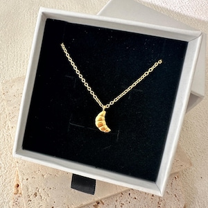 Peut inclure: Un collier en chaîne dorée avec un petit pendentif en forme de croissant. Le collier est présenté dans une boîte blanche avec un intérieur en velours noir.