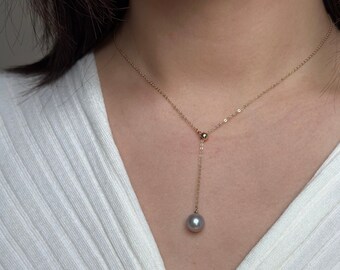 14k Gold Filled Y Necklace: Gray-Blue Freshwater Pearl