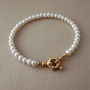 May include: A delicate bracelet featuring small, round, white pearls strung together. The bracelet is secured with a gold-colored clasp. The pearls are evenly spaced, creating a classic and elegant look. This piece of jewelry is suitable for various occasions.