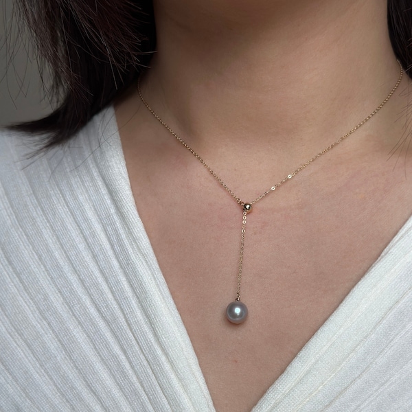 Y kette|Graublaue Süßwasser Perlen Halskette |Perfekte runde hochwertige Perle|14k Gold Gefüllt Kette