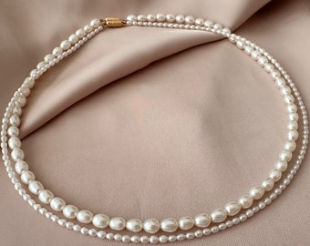 Freshwater Rice Pearl Necklace | Long Layered Bead Strand, 14K Gold Filled Clasp