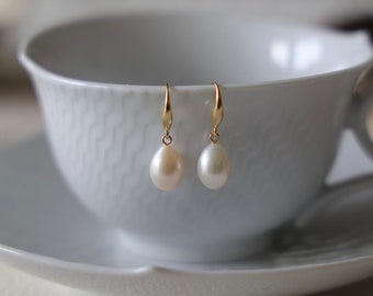 Natürliche Süßwasser Perle Tropfen Ohrringe|Gold Perle Ohrringe|Hängende Perlenohrringe|Perlen Schmuck|Muttertaggeschenk|Große Perle