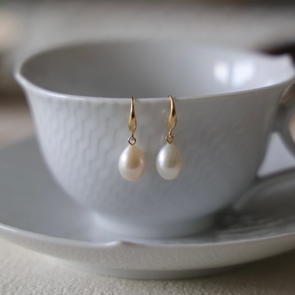 Natürliche Süßwasser Perle Tropfen Ohrringe/Gold Perle Ohrringe/Hängende Perlenohrringe/Perlen Schmuck/Muttertaggeschenk/Große Perle