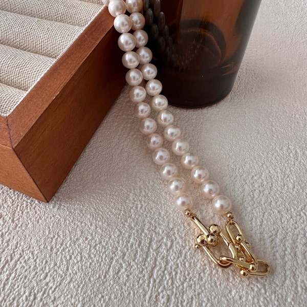 Süßwasserperlen Halskette mit 14k Vergoldet Gliederkette|45cm|7mm hoch glänzend echt runde Perlen|Geburtsgeschenk|Kompatibel Charms|
