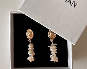 Keshi Pearl Drop Earrings | 14K Gold Plated, Retro Style