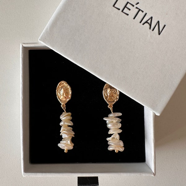 Einzigartige natürliche Keshi-Perlenohrringe|Élégant|Echte Süßwasserperlen|Hängeohrringe|style vintage|Boucles d'oreilles en perles|Perles barock|