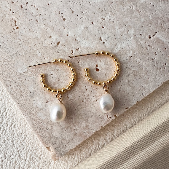 14K Gold Plated Hoop Earrings | Baroque Freshwater Pearl Dangle