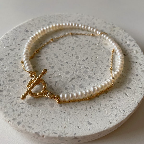 Stilvolle Schmuck dünne echte Perlenarmband mit 14k Gold gefüllt Bohnenkette