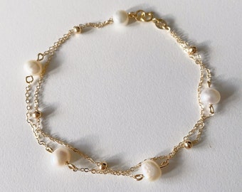 Elegant Beautiful 14k Chain Bracelet Freshwater Pearl Gold Bead