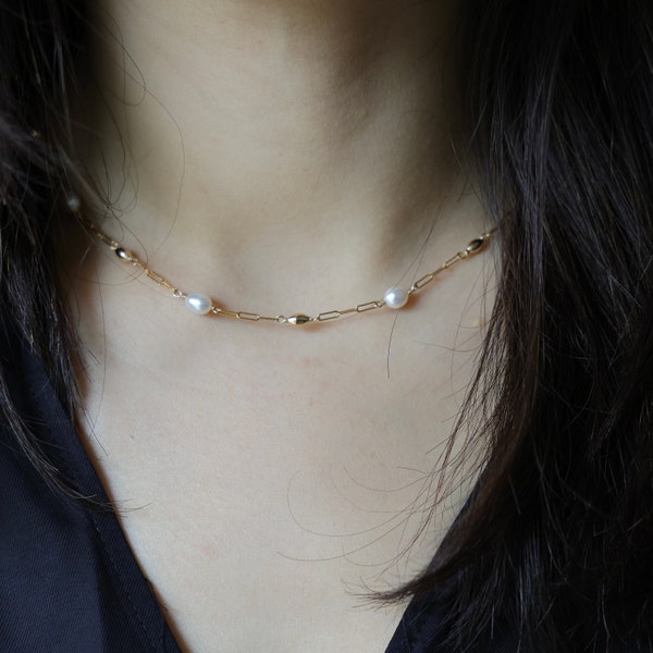 Handgemachte Perlen Halskette mit Goldenen Perlen|Echt Reis Perlen|Gold Glieder Halskette|BrautjungferSchmuck|Geschenk voor sie