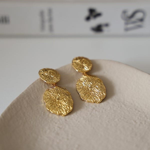 18K Texturiert Ohrringe|Gebürstet Gold|Geometrische Baumeln Ohrringe|Einzigartige Damen Hänge Ohrringe|Vintage Schmuck