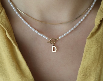 Freshwater Pearl Necklace | Gold Letter Pendant, Personalized Initial