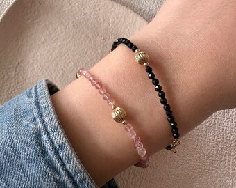 Echtes Erdbeerquarz Edelstein facettiert Armband|3mm|Pink Glänzend 14K goldene Kugel|Zartes Armband|Geschenk für sie|Böhmische