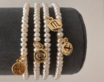 Freshwater Pearl Bracelet: 14K Gold Zodiac Charm, Personalized Jewelry
