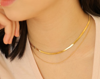 18K Gold Double Layer Snake Chain Necklace: Minimalist Herringbone