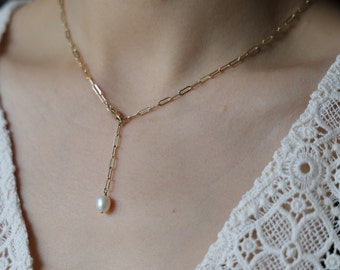 Y-Kette|Gold Gliederkette mit Süßwasser Perle|14K Goldfilled|Gold Perle Halskette|Lange Tropfen Halskette|Minimalistischer Schmuck|Fine kette