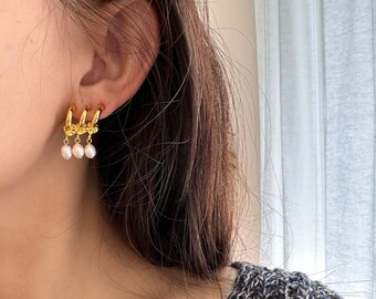 18K Gold Plated Pearl Dangle Earrings | Sterling Silver Post