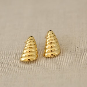 May include: A pair of gold-toned earrings with a textured, spiral design. The earrings are shaped like a cone.