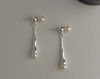 2-in-1 Perlenohrringe Silber hängend|Elegante Tropfenohrringe mit Perle|Moderner Perlenschmuck für Damen|Alltag &Hochzeit|Geschenk für Sie
