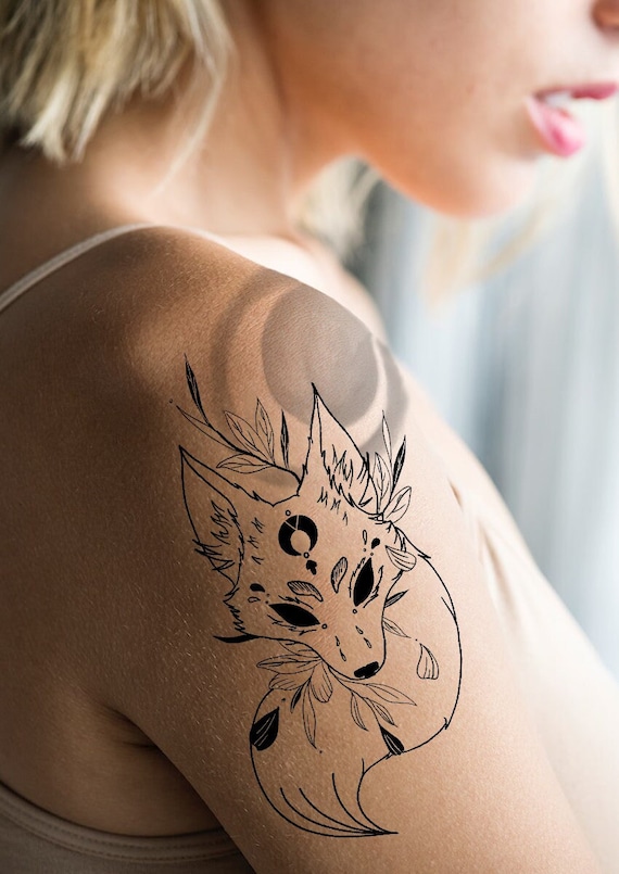 Kitsune Fox With Fluffy Tail and Leafpng Tattoo Sketch - Etsy