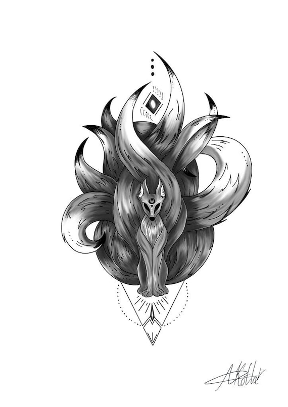 Nine Tailed Fox Fox Spirit PNG Tattoo Sketch Wallart - Etsy Canada