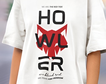 Howler uniseks T-shirt: rood oplopend dystopisch ontwerp