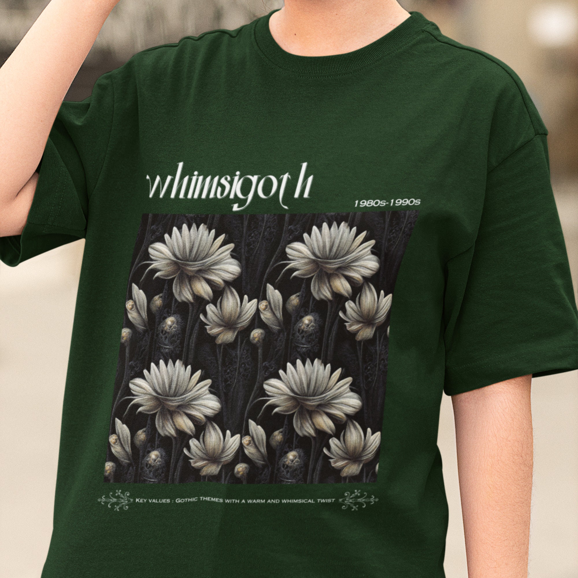Whimsigoth 1980s-1990s T-shirt - Gothic Flowers Pattern With