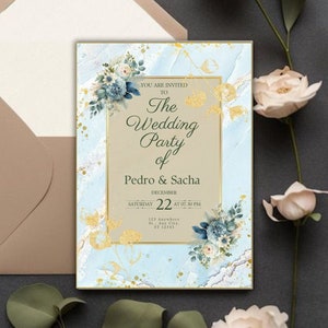 Sky Blue Marble and Gold Simple Minimalist Wedding Invitation Digital template Editable printable invitation edit in your browser