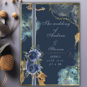 Faire-part de mariage bleu royal scintillant et détails du mariage | Modèle personnalisable | Téléchargement instantané| Modifiable dans Canvas