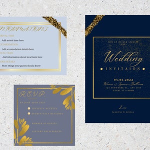 Faire-part de mariage moderne et élégant doré et bleu roi, informations et R.S.V.P. cartes