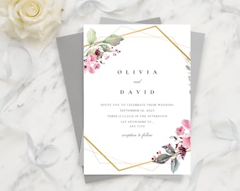 Editable Save The Date Wedding Invitation, Elegant Invite, Geometric Floral