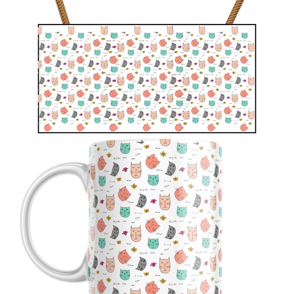 Cat Design Mug,Digital Print with colorful cat,11oz mug,Cup Wrap Template Designs,Cricut Mug Press Wrap Download File,Png Download