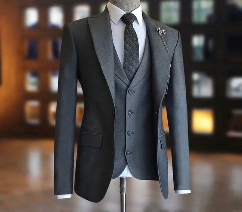 Men Dark Gray Suit 3 Piece Luxury Designer Elegant Wedding Etsy