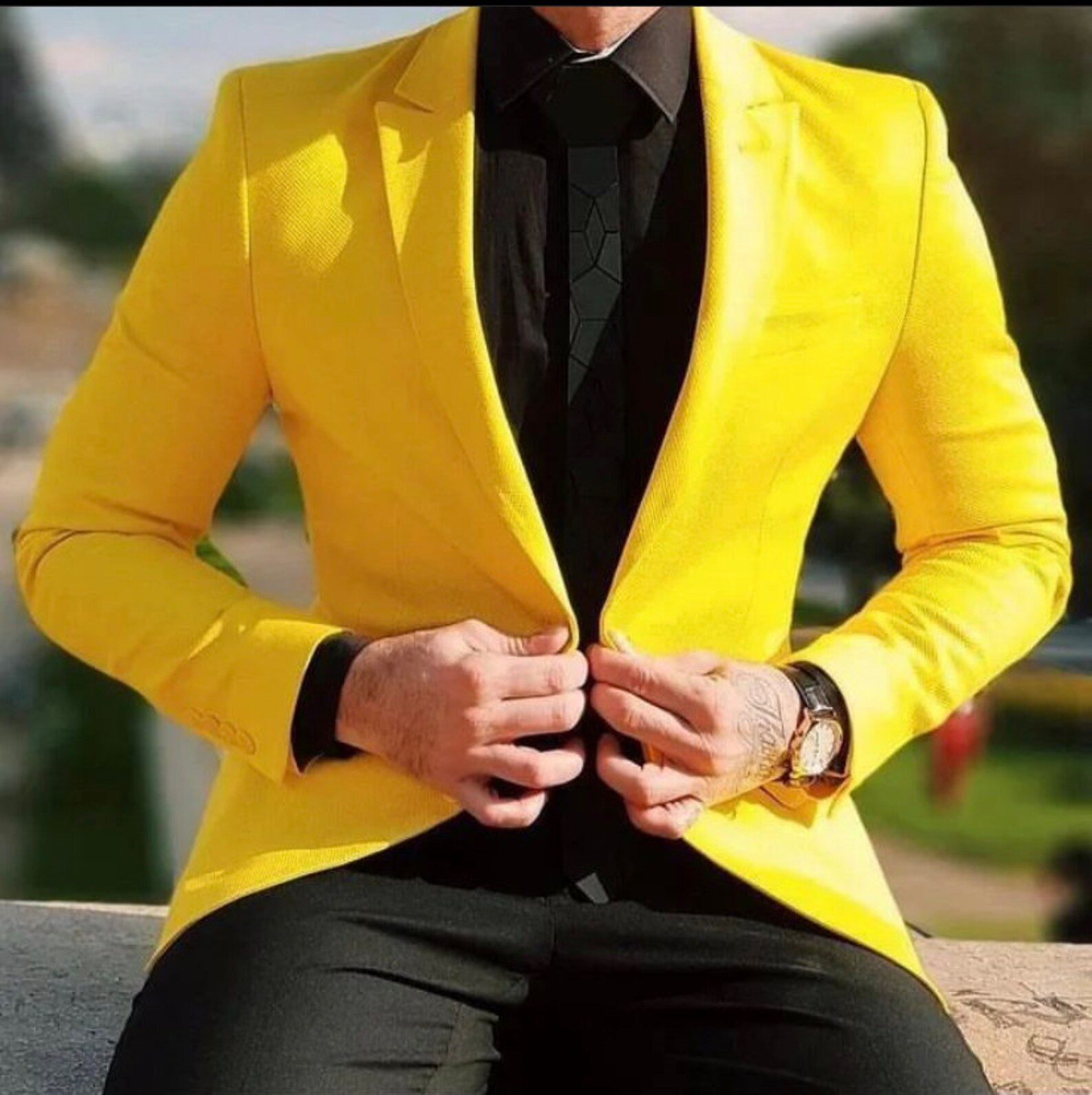 Formal Yellow Slim Fit Men's Suits 2 Pieces Solid Color Wedding Suit main image 1